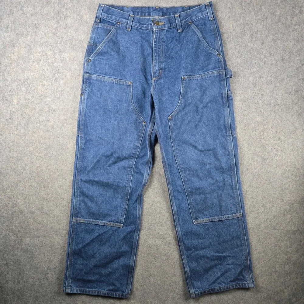 Carhartt Double Knee Jeans Mens 34x30 Blue Loose Fit Carpenter Utility B73-DST